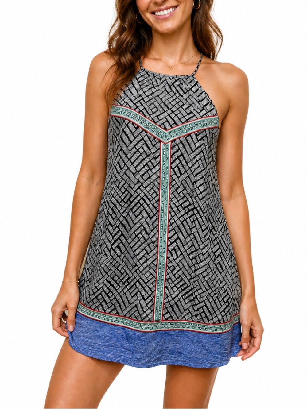 THML Black Patterned Colorful Embroidered Halter Neckline Mini Dress Size XS